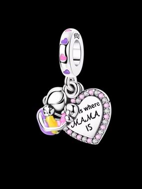 Sterling Silver Pink Heart "Is Where Mama Is" Dangle Charm